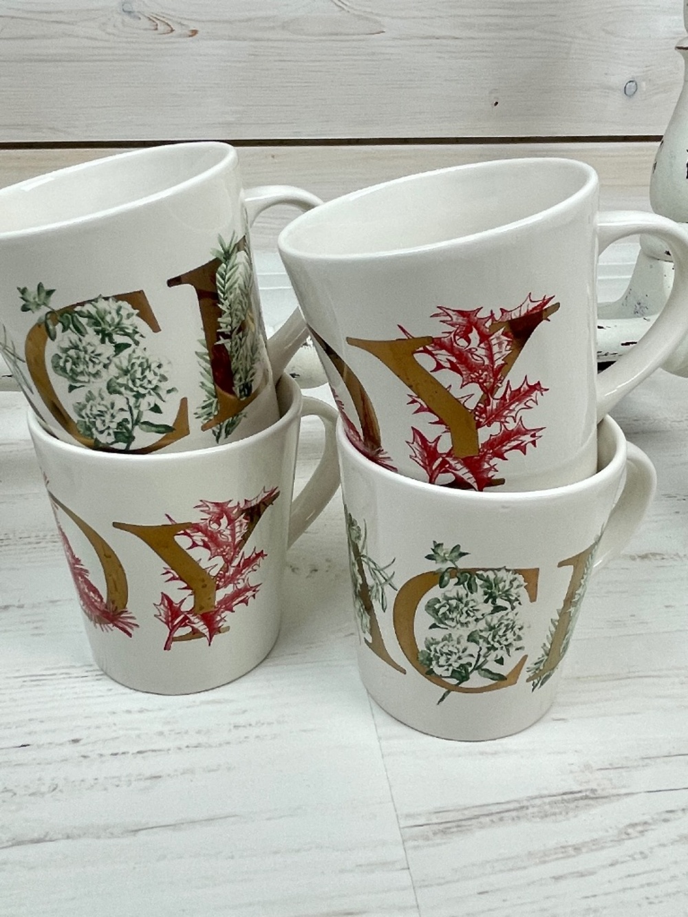 Williams Sonoma Ceramic Floral Christmas Coffee Mugs PEACE and JOY - Set of 4
